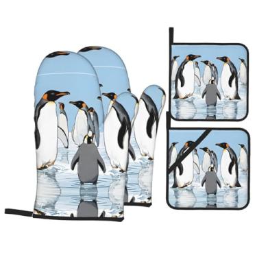 Imagem de Penguin - Conjunto de luvas de cozinha estampadas com suportes de tampa, luvas de forno resistentes ao calor para manusear panelas quentes, grelhar, churrascos, kit de 4 peças.