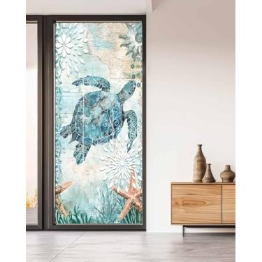 Imagem de Película de privacidade para janela Tartaruga marinha costeira azul-petróleo vitral película decorativa protetor solar capa de janela verão oceano náutico estrela do mar adesivo adesivo adesivo