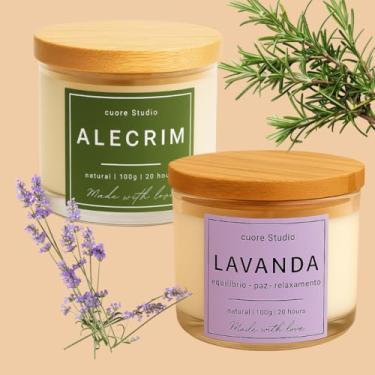 Imagem de Cuore Studio Kit 2 Velas Aromáticas Perfumadas Alecrim e Lavanda, Natural, 100g Cada, Pote de Vidro com Tampa de Madeira, 20 Horas