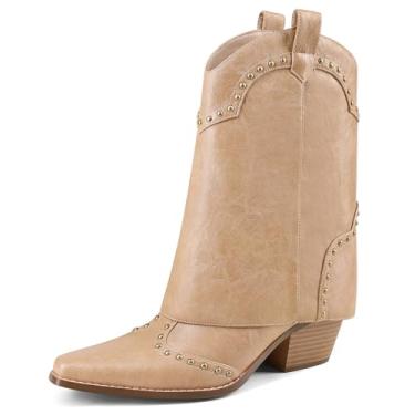 Imagem de RONILURN Botas femininas de caubói cravejadas estilo caubói tipo tubarão dobra cano médio cano curto vaqueira despojada com salto grosso em couro vegano, botas para festivais, Bege, 37