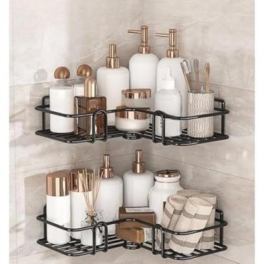 Imagem de Kit 2 Prateleiras com Adesivo Forte para Parede | Organizador de Banheiro e Cozinha | Suporte para Shampoo e Sabonete Sem Furos(KIT 4 Prateleiras Canto)