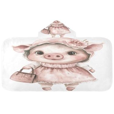 Imagem de Burbuja Toalha de banho com capuz de porco de desenho animado para crianças, toalha de praia de pelúcia macia absorvente para meninas e meninos 3-10 anos, 61 x 127 cm