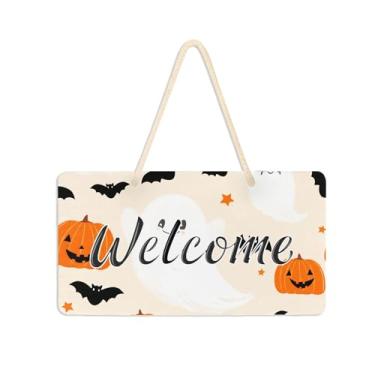 Imagem de Burbuja Placa de boas-vindas Pumpkins Boo para porta da frente, placa de boas-vindas de PVC para pendurar na parede, decoração de férias, 15 x 28 cm