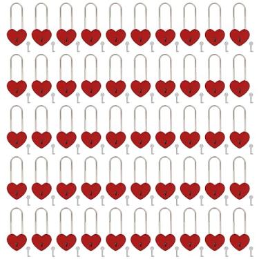 Imagem de VeYocilk Love Lock Cadeado de coração vermelho fosco Wish Lock Love cadeado com chave para ponte, amantes, casamento, aniversário, presente de viagem (tinta de borracha vermelha) 50 peças