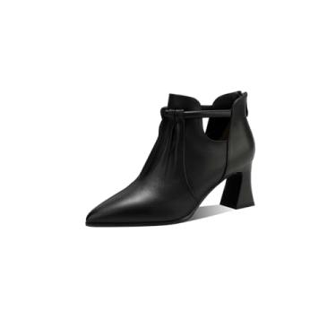 Imagem de TinaCus Bota feminina de couro legítimo com tira no tornozelo, feita à mão, franzida, vazada, bico fino, salto empilhado, botas curtas, Preto, 35
