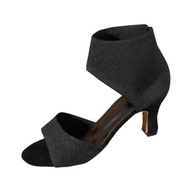 Imagem de Sandálias femininas de salto alto de tecido voador boca de peixe para uso casual e versátil primavera verão moda lazer ao ar livre sem caixa de sapatos, Preto, 39