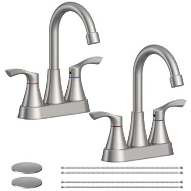 Imagem de Pacote com 2 torneiras de banheiro de níquel escovado, 3 furos, Evolvegoods torneira de pia de banheiro de aço inoxidável de 10 cm, torneira central de 2 alças para pia de banheiro, com ralo pop-up e