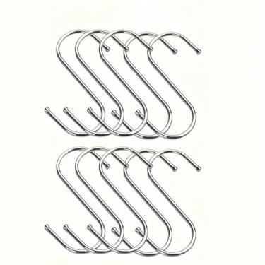 Imagem de 10 ganchos de aço inoxidável em forma de S, ganchos de metal resistentes para pendurar – solução de suspensão multiuso para cozinha, roupas, plantas, toalhas, prateados