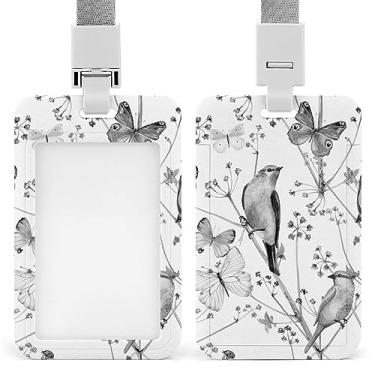 Imagem de Porta-crachá de identificação vintage natureza sem costura com pássaros, flores e borboletas com cordão, suporte de cartão de plástico com clipe de pressão removível para estudante, professor