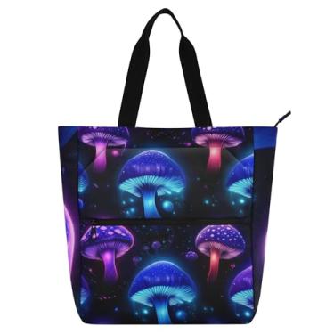 Imagem de GAIGEO Bolsa feminina de trabalho com cogumelos azuis luminosos, preta, bolsa escolar de lona, bolsa média, com compartimentos