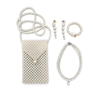 Imagem de SHESRA Bolsa de pérolas de luxo, bolsa de corrente, brincos de borla, pulseira e colar para mulheres, bolsa tiracolo de pérolas artificiais feitas à mão, bolsas noturnas para festas, casamentos