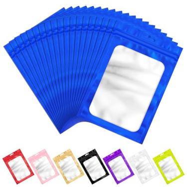 Imagem de 100 sacos Mylar resseláveis com zíper e janela transparente à prova de cheiro, bolsa de embalagem, bolsa de alumínio com zíper para suprimentos de armazenamento autovedante de alimentos (azul, 16 x 24