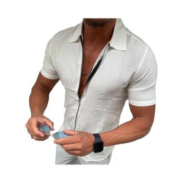 Imagem de Camisa Masculina Slim Fit Com Zíper E Manga Curta, Casual De Negócios 