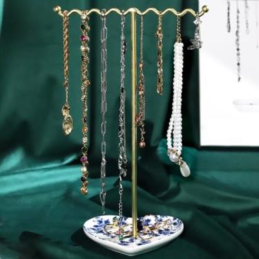 Imagem de Saydear Suporte de joias azul e branco feito à mão - Bandeja de cerâmica em forma de coração com hastes de metal ondulado para colares e anéis, suporte de exibição à prova de ferrugem para cômoda