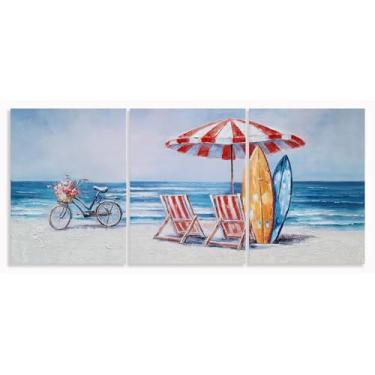 Imagem de Yihui Arts Arte de parede em tela de praia com 3 painéis - Decoração costeira com bicicleta, guarda-chuva e prancha de surfe - Impressões de parede náuticas