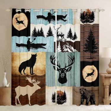Imagem de jejeloiu Cortina de caça de veado, (2 painéis, 132 x 213 cm), cortinas de janela de madeira de árvore de lobo urso, design xadrez de animal selvagem, persianas blackout 30%-50%, cortina escurecimento