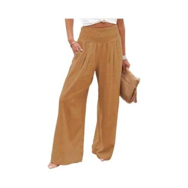 Imagem de Calças Casuais Femininas De Perna Larga Com Cordão Na Cintura Média Es
