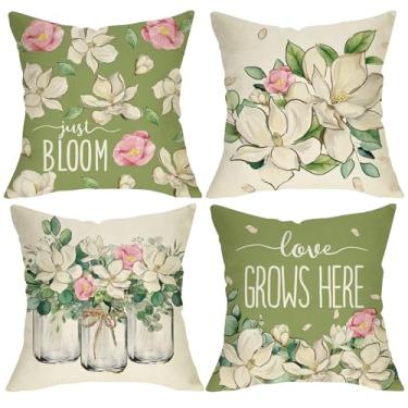 Imagem de Fjfz Capas de almofada decorativas de flor de magnólia de primavera, 45,7 x 45,7 cm, conjunto de 4, decoração de casa ao ar livre, decoração de casa, Summer Love Grows Here Mason Jar sofa sofa