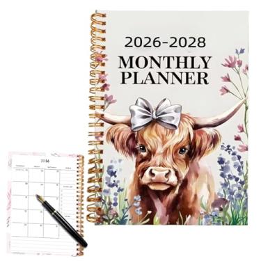 Imagem de Agenda mensal 2026-2028, caderno Highland Cow, agenda espiral de 3 anos com design de vaca Highland, 50 páginas, 21 x 14 cm, bloco de notas de capa dura para adultos e crianças
