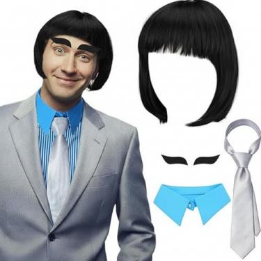 Imagem de Zeyune 4 peças de acessórios de fantasia de personagem de filme ambiental, incluindo peruca preta curta Bob com sobrancelhas, camisa, gola, gravata de desenho animado, acessórios de cosplay para