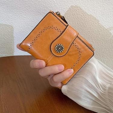 Imagem de Carteira feminina dobrável de couro com bloqueio de RFID com bolso para moedas com zíper, Marrom, Retrô