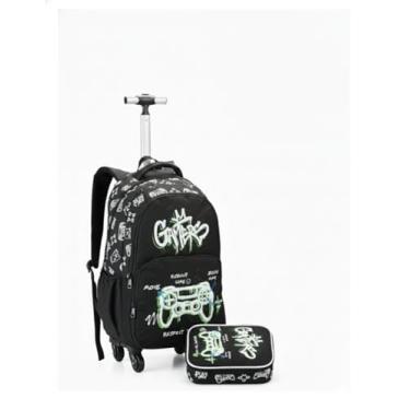 Imagem de Kit Mochila de Rodinha 360º com Estojo Game Graffiti, Design Juvenil Masculino, Tema Gamer, Preta com Estampa, para Uso Escolar