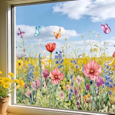 Imagem de Adesivos de janela de flores nisajace para janelas de vidro, 3 folhas florais para decoração de janelas, decalques sazonais de flores silvestres de primavera suprimentos para escritório e casa (dupla