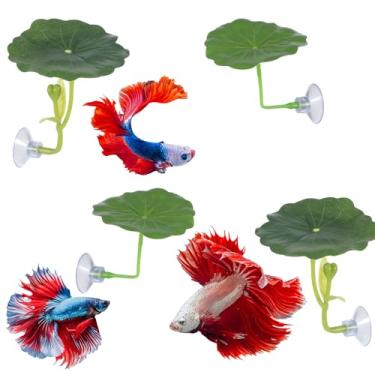 Imagem de 4 peças Betta rede de folha de peixe Betta cama de peixe folha bettas ventosa tanque decoração rede verde para peixes, áreas de desova, local de descanso prático, almofada de folhas simula habitat