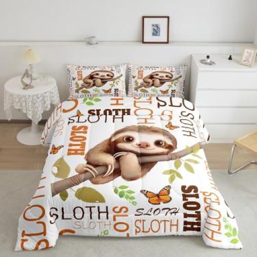 Imagem de Feelyou Jogo de cama casal com estampa de bicho-preguiça fofo, para crianças, meninos, meninas, marrom, conjunto de edredom kawaii, borboleta, 3 peças