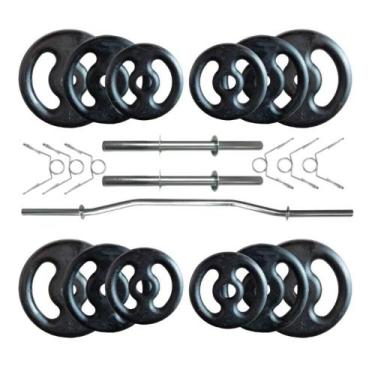 Imagem de Kit 40 Kg de Anilhas Ferro Fundido + 02 Barras de 40cm + Barra W - BOX