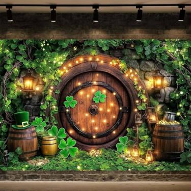 Imagem de Pano de fundo para fotografia do dia de São Patrício de 3,5 x 2,5 m, conto de fadas, floresta, verde, folhas de trevo irlandês, pano de fundo, moedas de ouro, gnomos engraçados, faixa de festa em casa