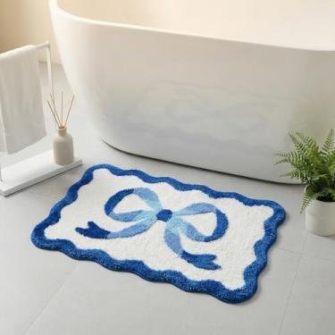 Imagem de Dylrauoza Tapete de banho com laço azul, tapete de banheiro recortado de 50,8 cm x 81,3 cm, azul claro esteticamente para banheiro, antiderrapante, absorvente de água, tapete de banho fofo lavável