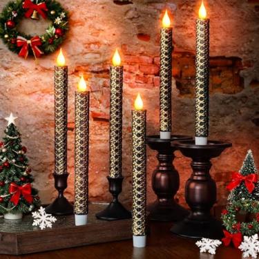 Imagem de LCZLUMIPRO 6 velas de Natal pretas e douradas sem chama – Castiçais de LED operados por bateria de 24 cm com chama cintilante, centro de mesa de Natal elegante para decoração de festas de fim de ano