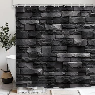 Imagem de Glawry Cortina de chuveiro de parede de tijolo de pedra rústica, preto, cinza, mármore, geométrico, retrô, moderna, minimalista, banheiro, arquiteto de rocha, 182 cm L x 182 cm, acessórios de banho