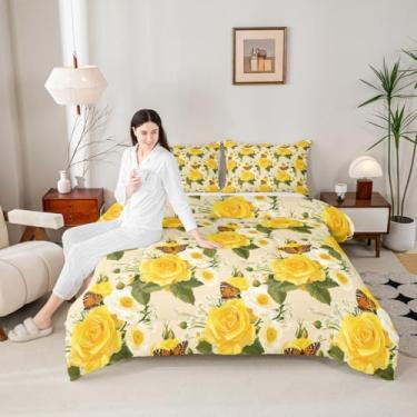 Imagem de Erosebridal Conjunto de cama casal com rosas amarelas, flores chiques, flores, flores, rústicas, primavera, jardim, natureza, edredom