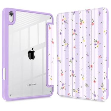 Imagem de Mektron Capa impressa para iPad mini 7 (A17 Pro) 2024/Mini 6 2021, iPad mini 7ª/6ª geração, 21.1 cm, suporte para lápis embutido com capa traseira transparente, flores e renda adorável