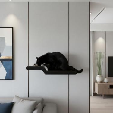 Imagem de Prateleira para Gatos com Comedouro Duplo Elevado, MDF 15mm Reforçado, 2 Tigelas de Inox Removíveis, 68x35x12cm, Suporta até 25kg (Preto)