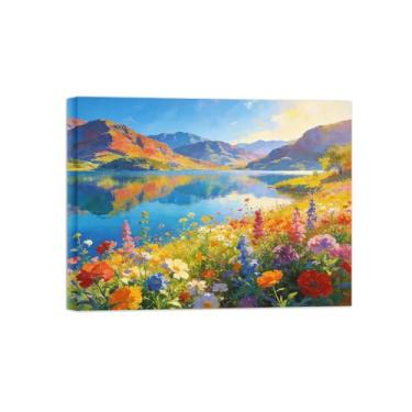 Imagem de Impressão em tela de paisagem de arte de parede - flores de montanha - pintura de decoração de lago - imagens para sala de estar pronta para pendurar tela emoldurada 60 x 80 cm 24 x 31 pol