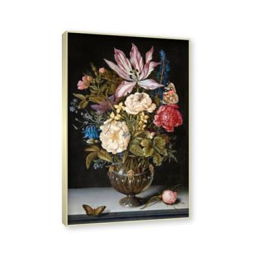 Imagem de NHLDZYH Moldura de champanhe. Impressão de flores vintage rústica, arte de parede em tela emoldurada floral clássica, decoração de cozinha de fazenda, pronto para pendurar. C46. 40 x 64 cm.