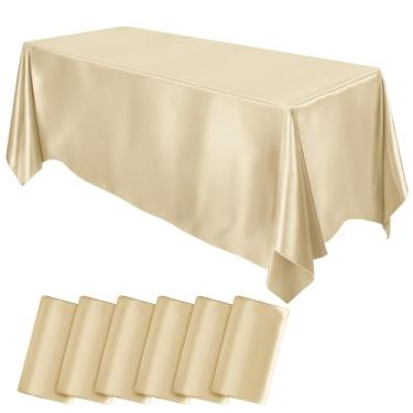 Imagem de MCEAST Pacote com 6 toalhas de mesa de cetim 250 x 137 cm, retangular, sobreposição, toalha de mesa de seda brilhante, decoração de mesa de tecido liso para decoração de banquete de casamento