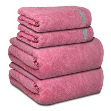 Imagem de Kit 4 Toalhas Banho e Rosto em Algodão Fio Penteado Macias Absorventes Conforto para Uso Diário e Decoração (Rosa Flamingo)