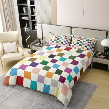 Imagem de Homewish Capa de edredom xadrez de aquarela 100% algodão, tamanho Queen, quadriculado geométrico, abstrato, meninas, meninos, arte quadrada, moderna, capa de edredom, 2 fronhas (sem edredom)