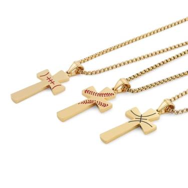 Imagem de HZMAN Conjunto de colar com pingente de cruz esportiva de 3 peças para homens - beisebol, futebol americano e basquete com verso de Filipenses 4: 33 cm, corrente de aço inoxidável 55 + 5 cm, presente