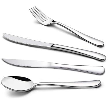 Imagem de Conjunto de talheres prateados de aço inoxidável com facas, garfos e colheres, conjunto de talheres para uso diário para cozinha doméstica