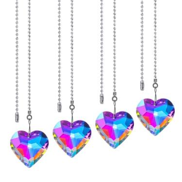 Imagem de LONGSHENG - SINCE 2001 - Pacote com 4 correntes prateadas para ventilador de teto, prismas de cristal, correntes de pingente de coração para ventiladores de teto e luzes, extensores decorativos com