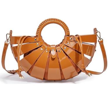 Imagem de louceko Bolsa de ombro feminina de couro PU, vazada, transversal, alça de tecido, concha para ventilador, cesta de vegetais, bolsa de mão, Marrom, Medium