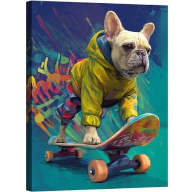 Imagem de Halioyo Arte de parede em tela de buldogue graffiti, decoração de parede engraçada com desenho de cachorro para skate, pintura de cachorro moderna e legal, arte de parede de grafite para quarto
