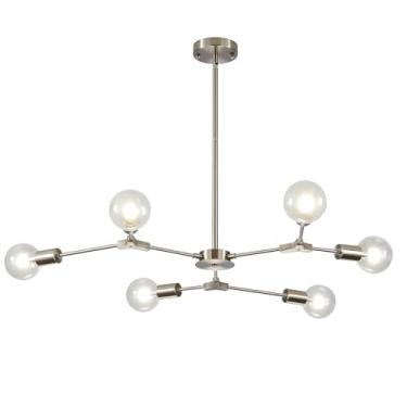 Imagem de Lustre Sputnik moderno com acabamento em níquel escovado, 6 lâmpadas, luminária pendente de embutir cromada com 3 braços ajustáveis para sala de estar, quarto e ilha de cozinha.