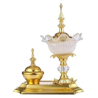 Imagem de Conjunto decorativo de queimador de incenso dourado, queimador de incenso de metal árabe e jarro de especiarias, queimador de incenso cone de incenso para ioga, aromaterapia de spa, apanhador de