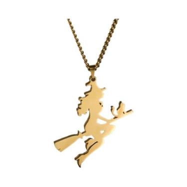 Imagem de Colar Pingente De Vassoura Mágica De Gato Bruxa Em Aço Inoxidável, Joi